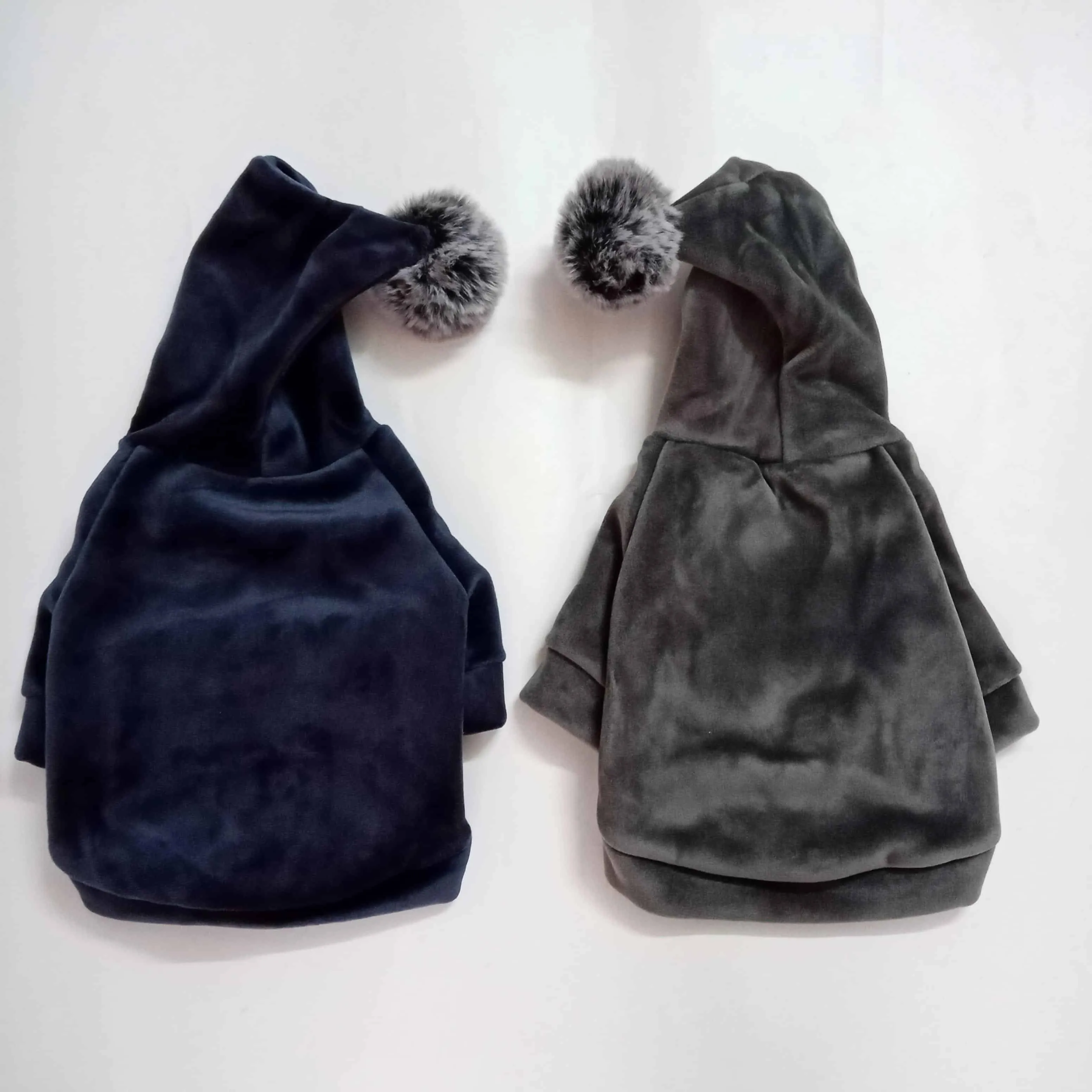 Winter Velour (Velvet Feel) Pom Dog Hoodie Sweatshirt - Grey or Navy