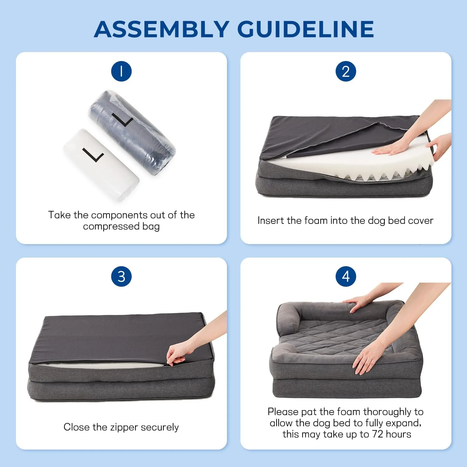 XL Dog Bed, Washable Extra Large Dog Sofa Beds with Bolsters, Orthopedic Memory Foam XLarge Pet Bed with Removable Waterproof Cover & Nonskid Bottom, Grey