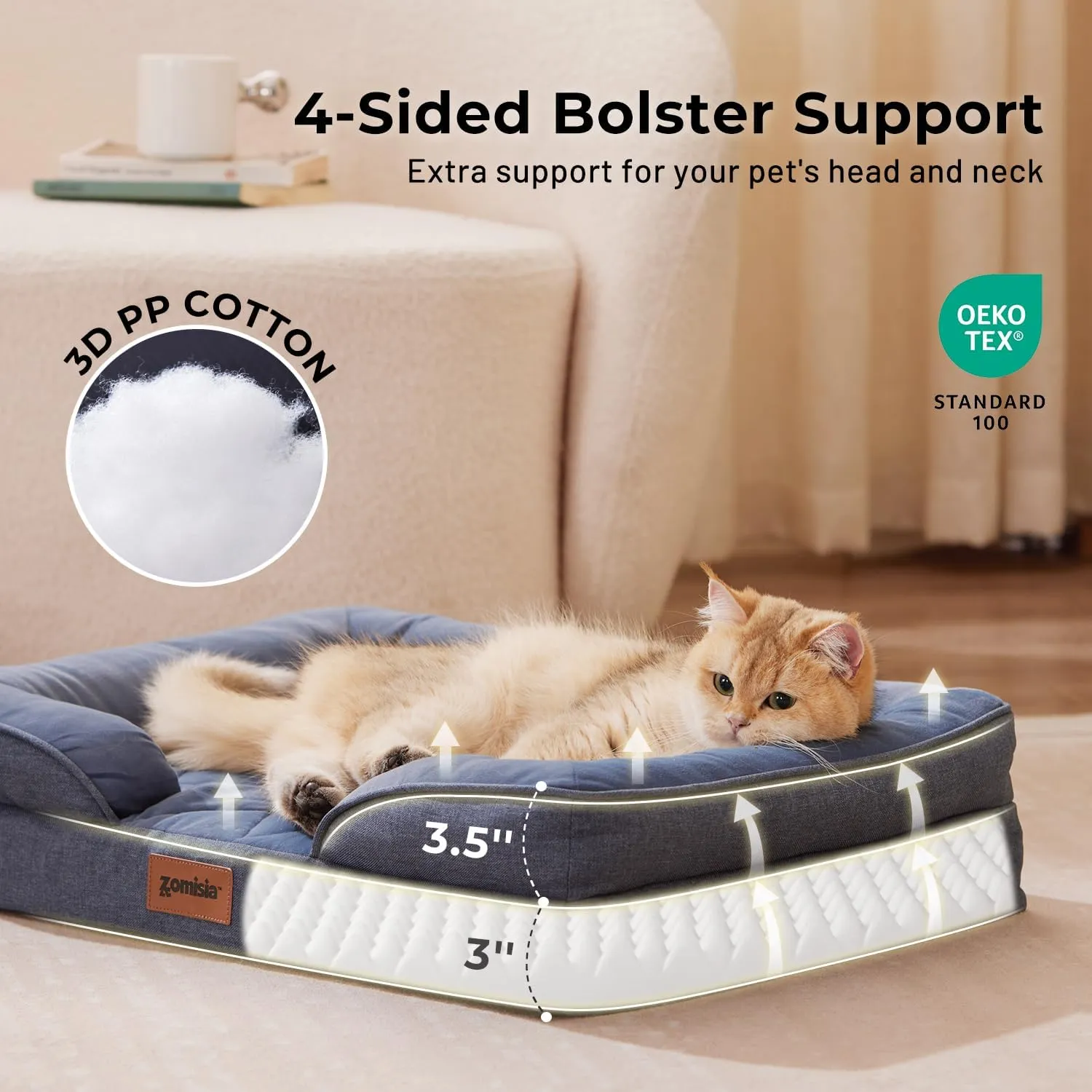XL Dog Bed, Washable Extra Large Dog Sofa Beds with Bolsters, Orthopedic Memory Foam XLarge Pet Bed with Removable Waterproof Cover & Nonskid Bottom, Grey